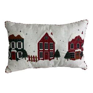 Christmas Houses Throw Pillow Printed & Embroidered Rectangle New  14x22"